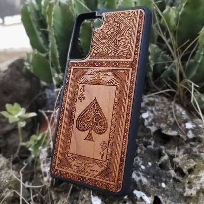 Engraved Ace of Spades wood phone case for iPhone and Galaxy