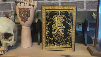 Mini anatomical heart wood art with gold filling for modern decor