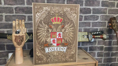 Rustic wall art featuring hand-painted Toledo emblem