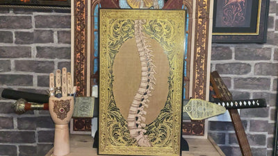 Handmade gothic wall art on wood with a sinister skull design. Limited edition engraved piece, perfect for gothic home decor, tattoo studios, or collectors.