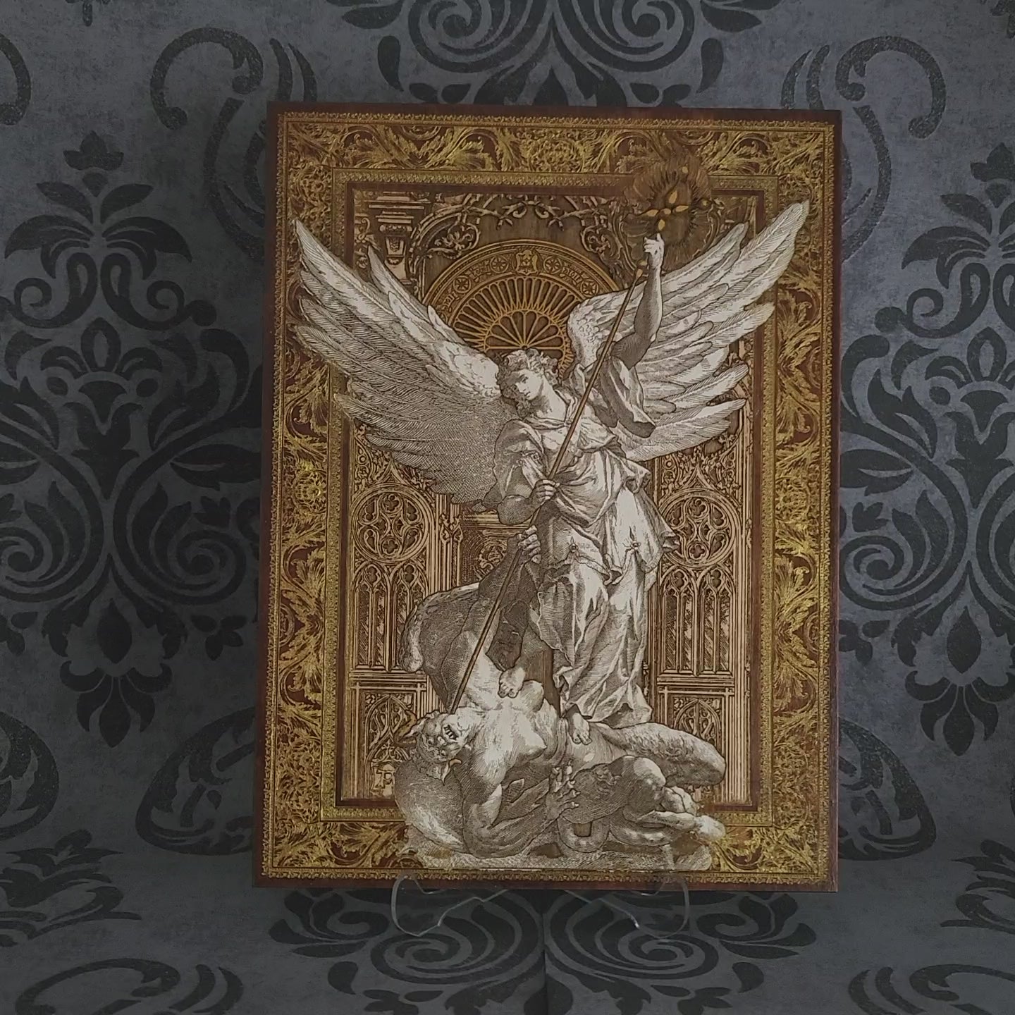 St Michael The Archangel III - Large Maple Stained Wood