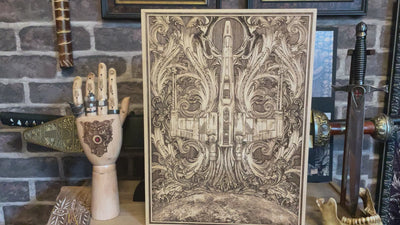 Engraved wood panel of X-Wing ship, gift idea for sci-fi enthusiasts.
