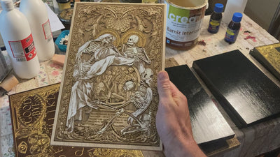 Dark and eerie skull and bones artwork, handcrafted wood engraving.