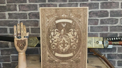 Custom coat of arms design engraved on wood, great for family occasions.