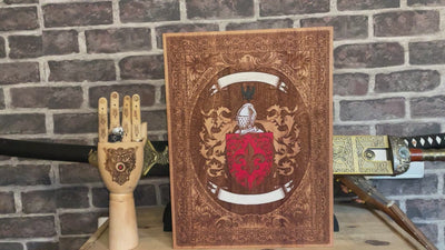 Elegant coat of arms plaque featuring engraved name, perfect for family gifts.