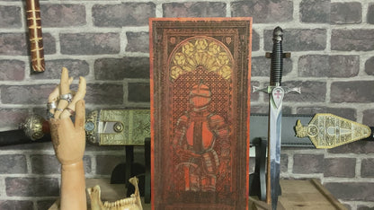 Laser engraved medieval soldier on mahogany wood background
