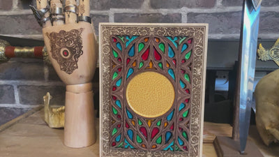 Personalized gothic stained glass-inspired wood wall art with spiritual motif.