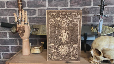 Custom wooden clock with gothic architecture and vintage engravings