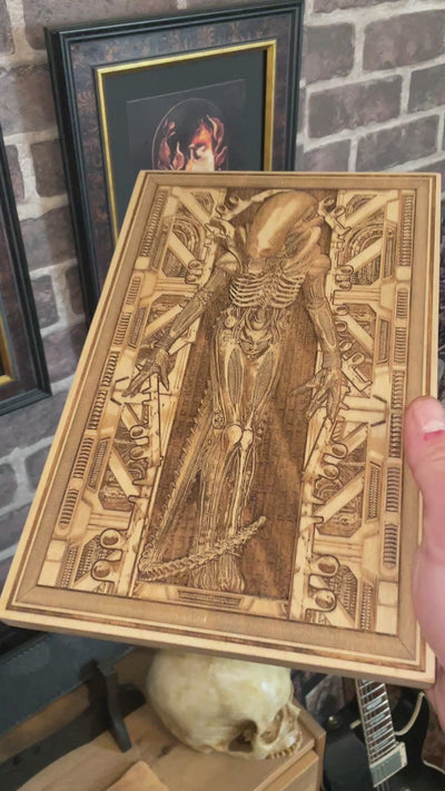 Gothic horror alien art piece, laser-engraved wood wall decor