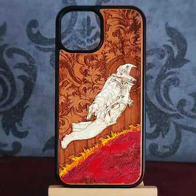 Hand painted astronaut wood phone case with laser engraved space design and red planet artwork for iPhone and Samsung Galaxy