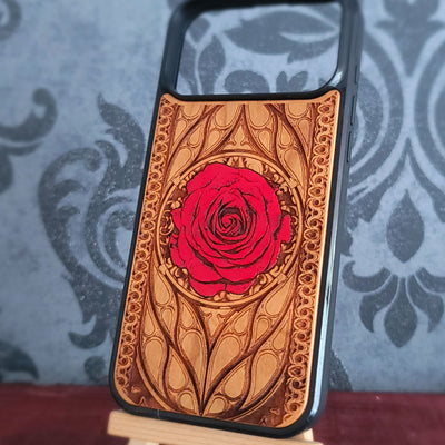 Hand painted red rose phone case with detailed gothic arch engraving