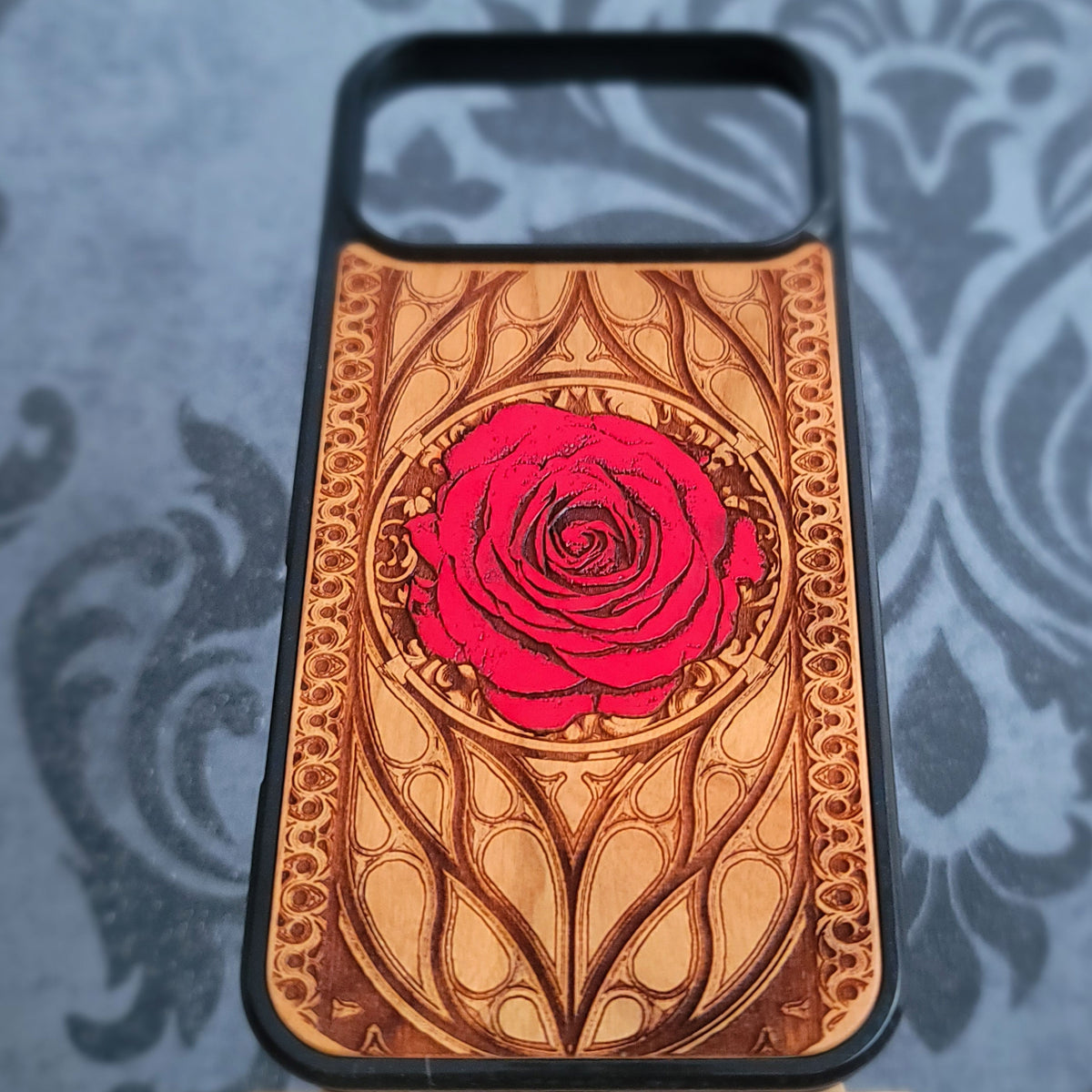 Red Rose Gothic Hand-Painted Wood Phone Case