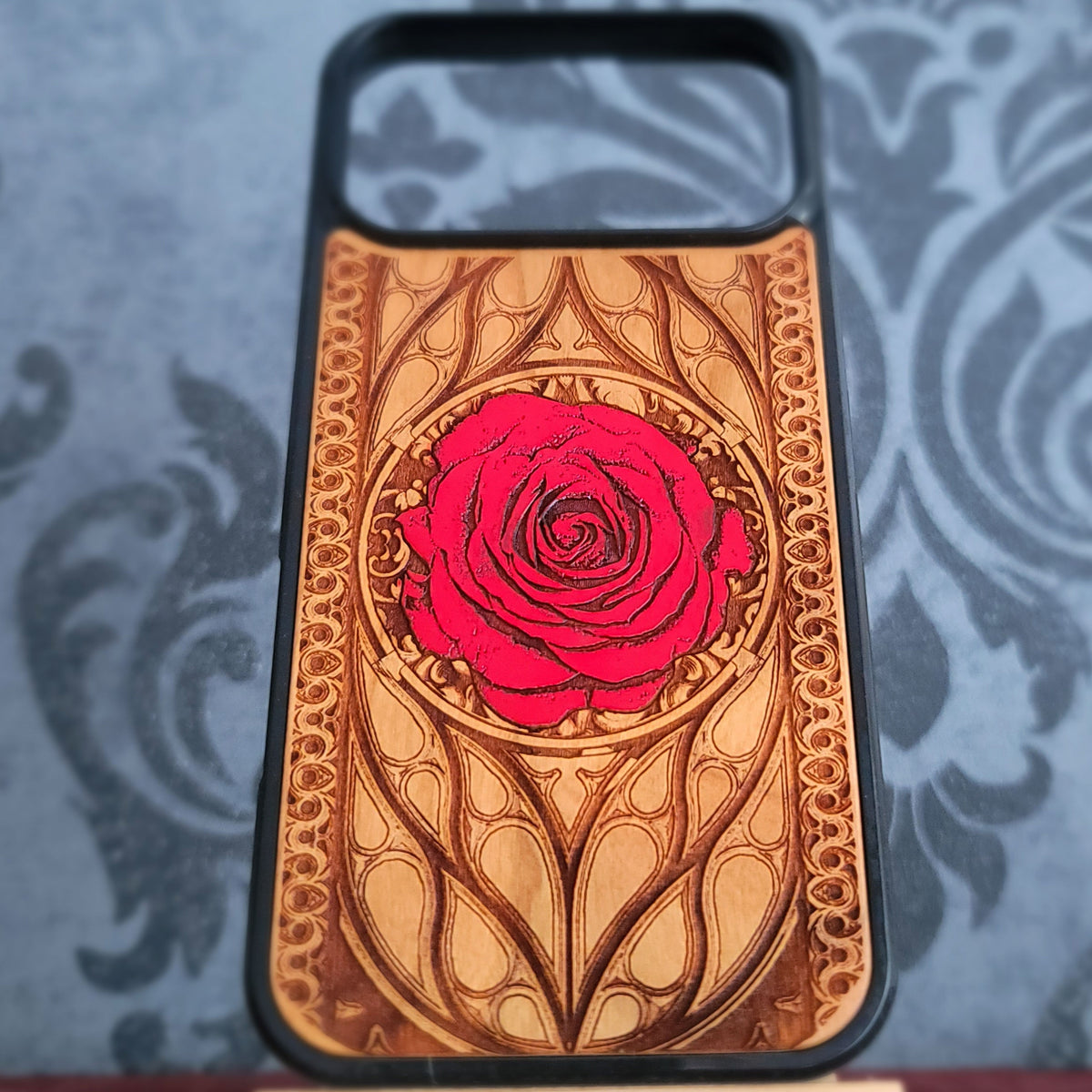 Red Rose Gothic Hand-Painted Wood Phone Case
