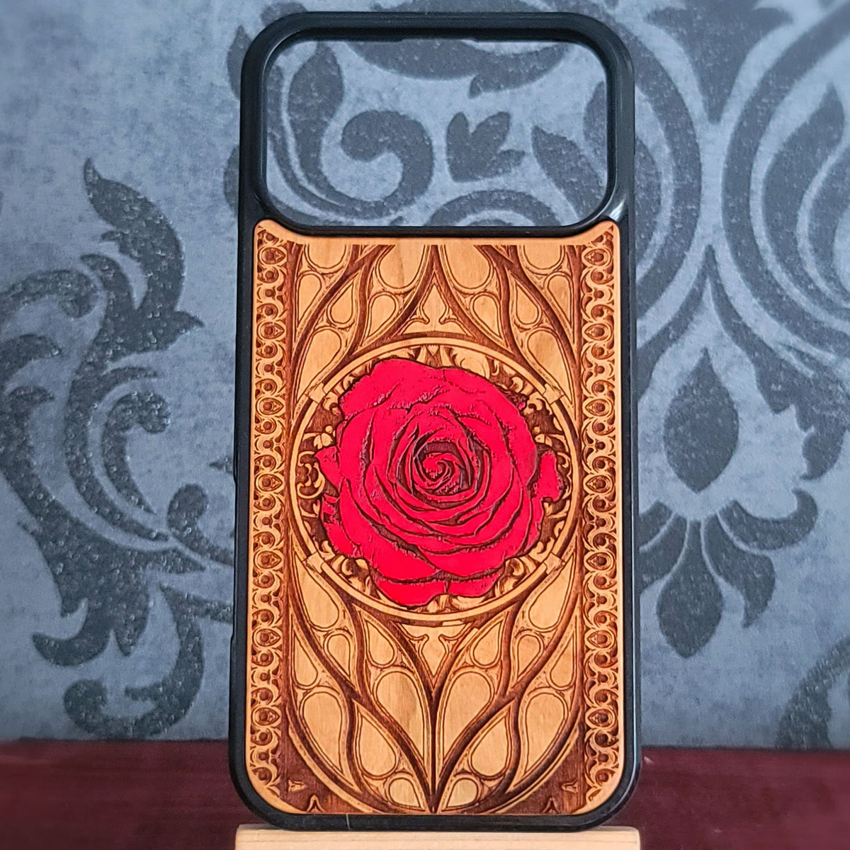 Red rose hand painted on real cherrywood phone case with gothic window design