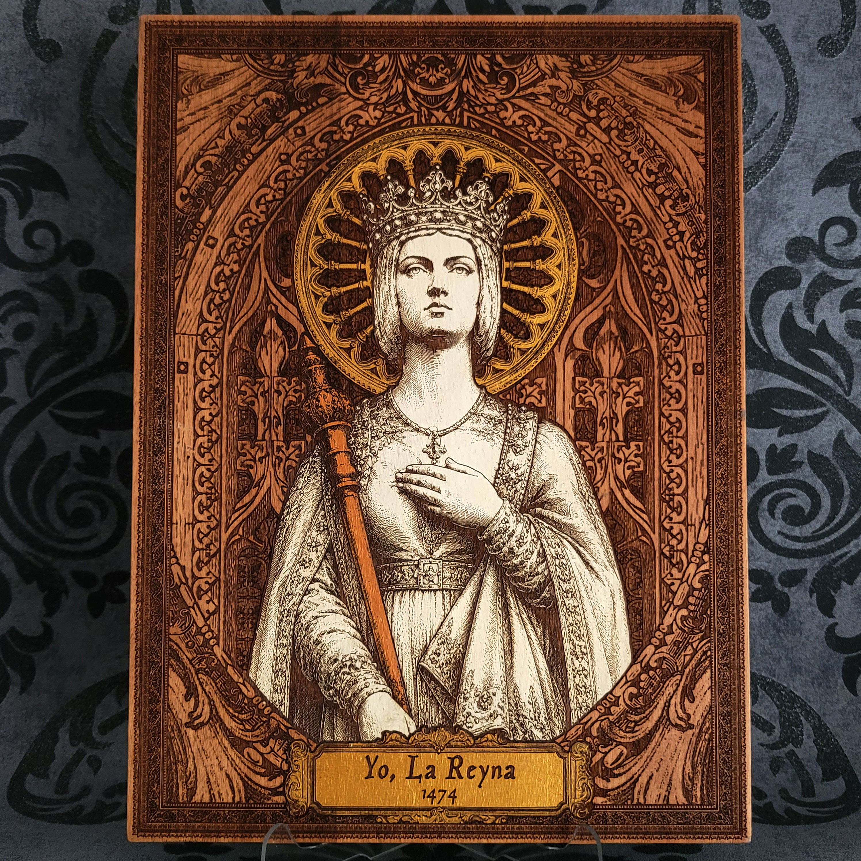 Laser engraved wooden portrait of Queen Isabella I of Castile, featuring historical Spanish royal artwork on natural wood with detailed medieval-inspired design.