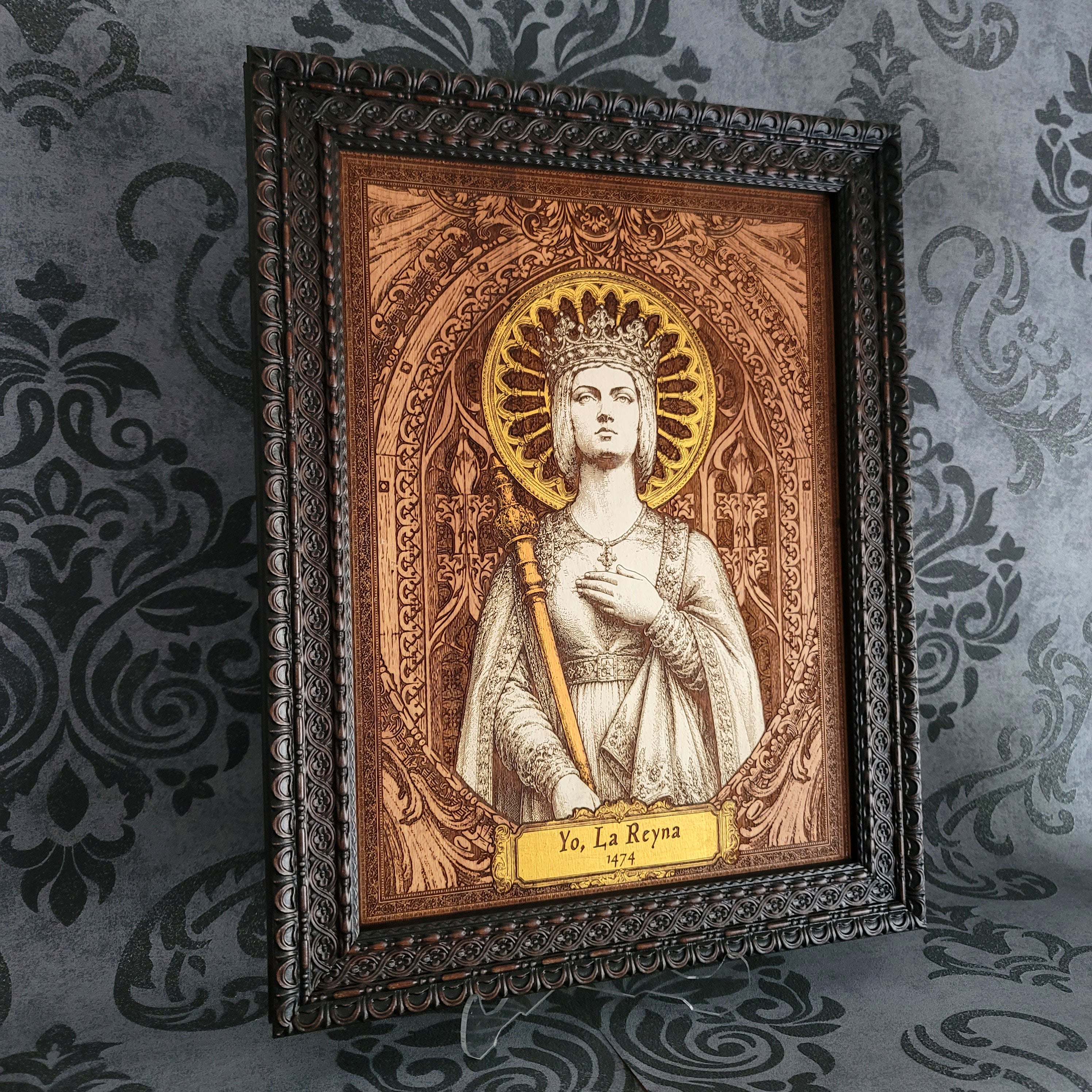 Laser engraved wooden portrait of Queen Isabella I of Castile, featuring historical Spanish royal artwork on natural wood with detailed medieval-inspired design.
