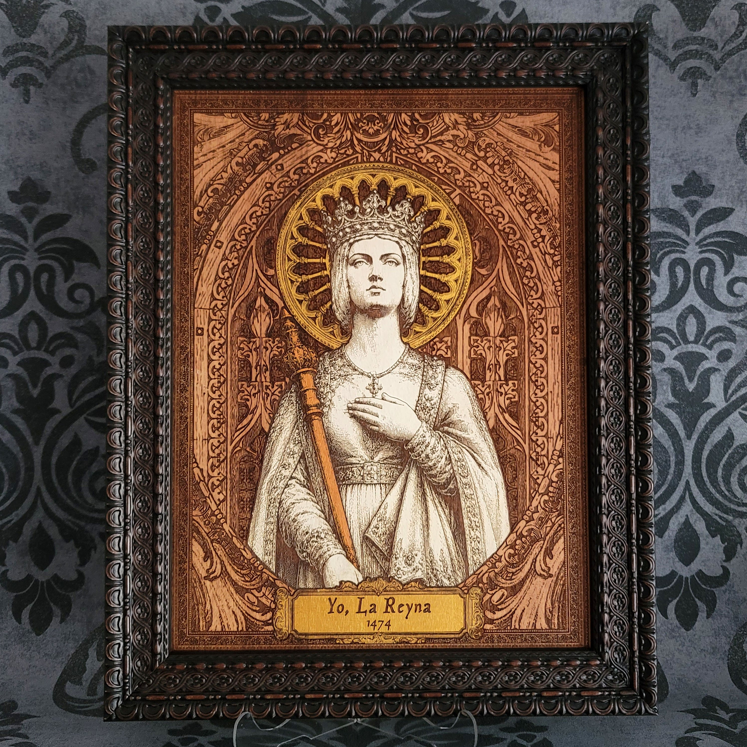 Laser engraved wooden portrait of Queen Isabella I of Castile, featuring historical Spanish royal artwork on natural wood with detailed medieval-inspired design.