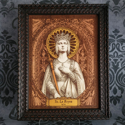 Laser engraved wooden portrait of Queen Isabella I of Castile, featuring historical Spanish royal artwork on natural wood with detailed medieval-inspired design.