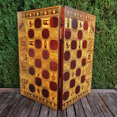 Handcrafted Roman Empire Chessboard – Laser Engraved, Wood-Stained, Ornate Design