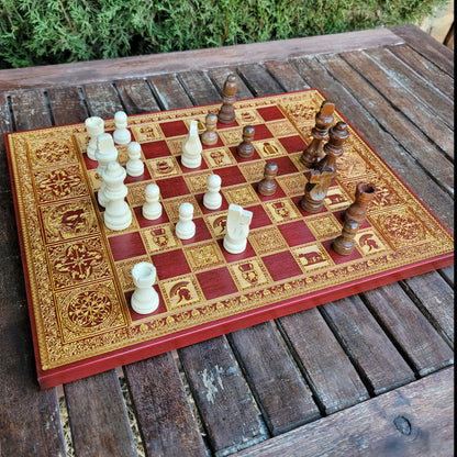 Roman Chess Board - Red Walnut & Gold - A3 Large Size