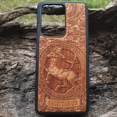 Sagittarius zodiac wood phone case with engraved centaur archer design