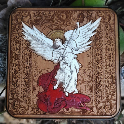 Saint Michael wireless wood charger with engraved halo design