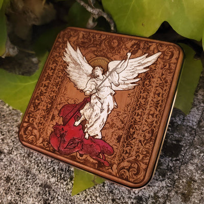 Charger with Saint Michael artwork – handmade religious tech gift