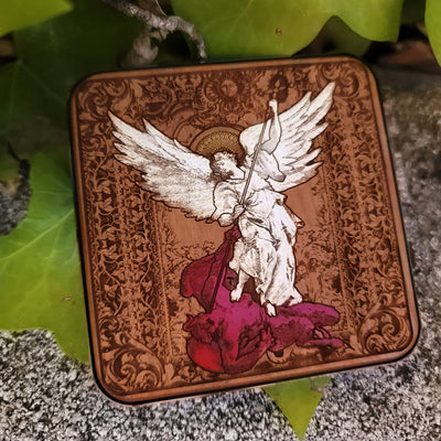 Wooden charging pad with engraved Saint Michael – gift for her