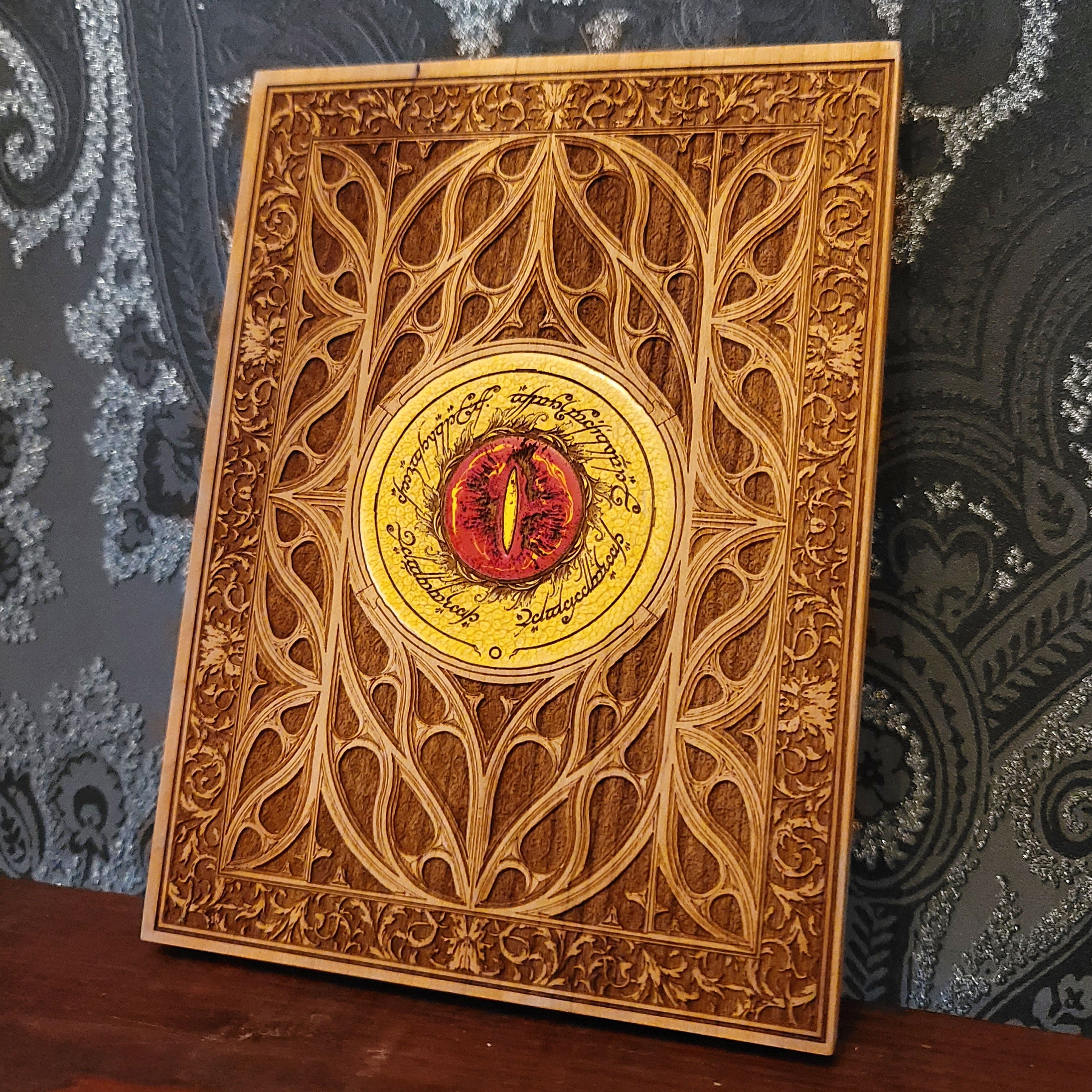 Sauron eye Wood Wall Art Runic Decor Hand Painted & Laser Engraved on Cherry