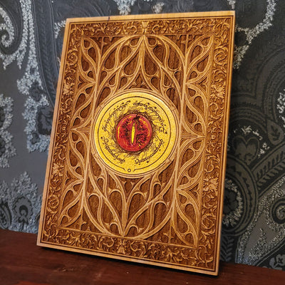 Sauron eye Wood Wall Art Runic Decor Hand Painted & Laser Engraved on Cherry