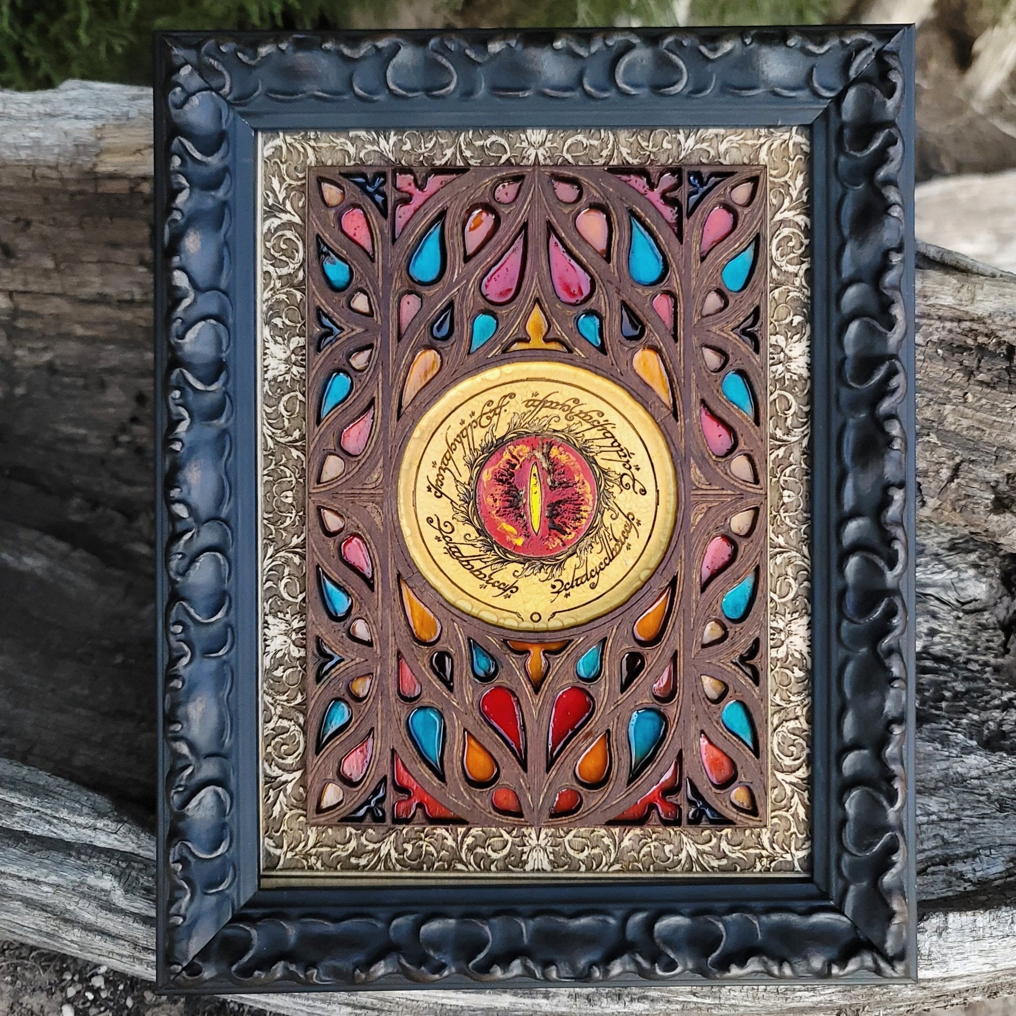 Medieval gothic window art with Eye of Sauron symbol