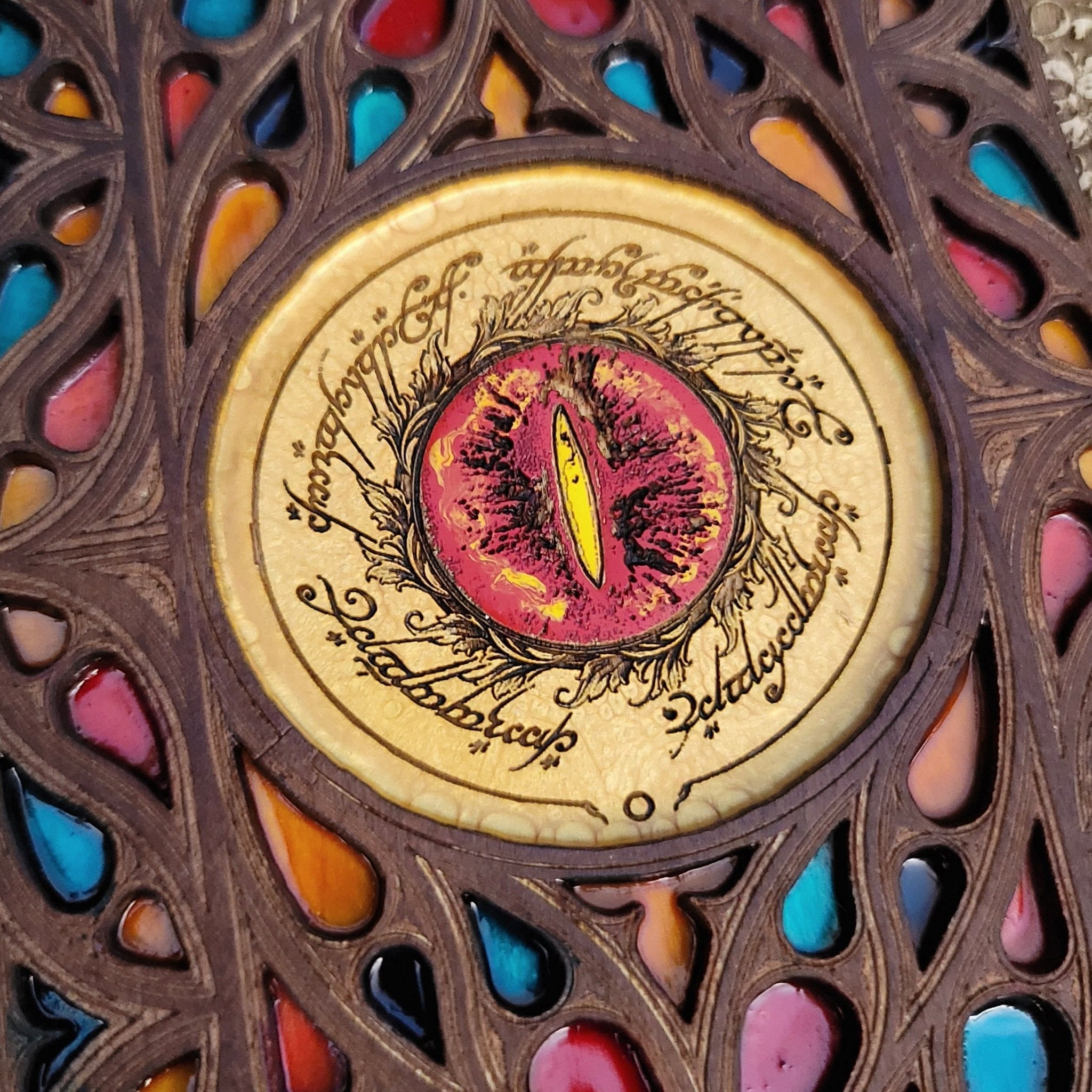 Dark fantasy decor with stained glass Sauron Eye design