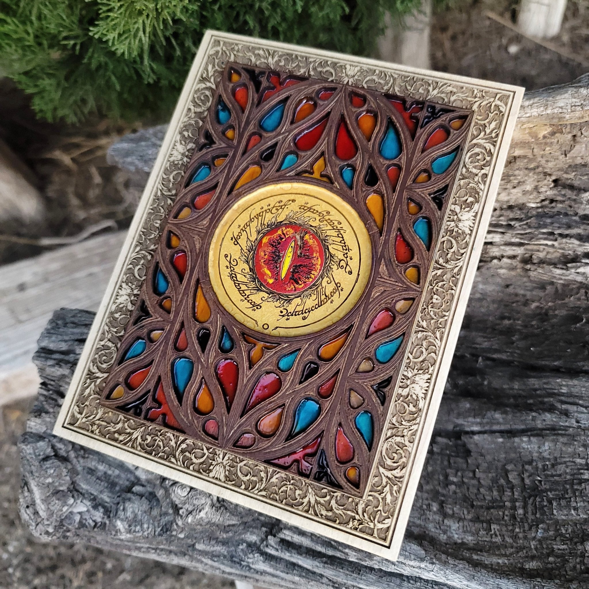 Handmade wood art gothic window with fantasy movie symbol