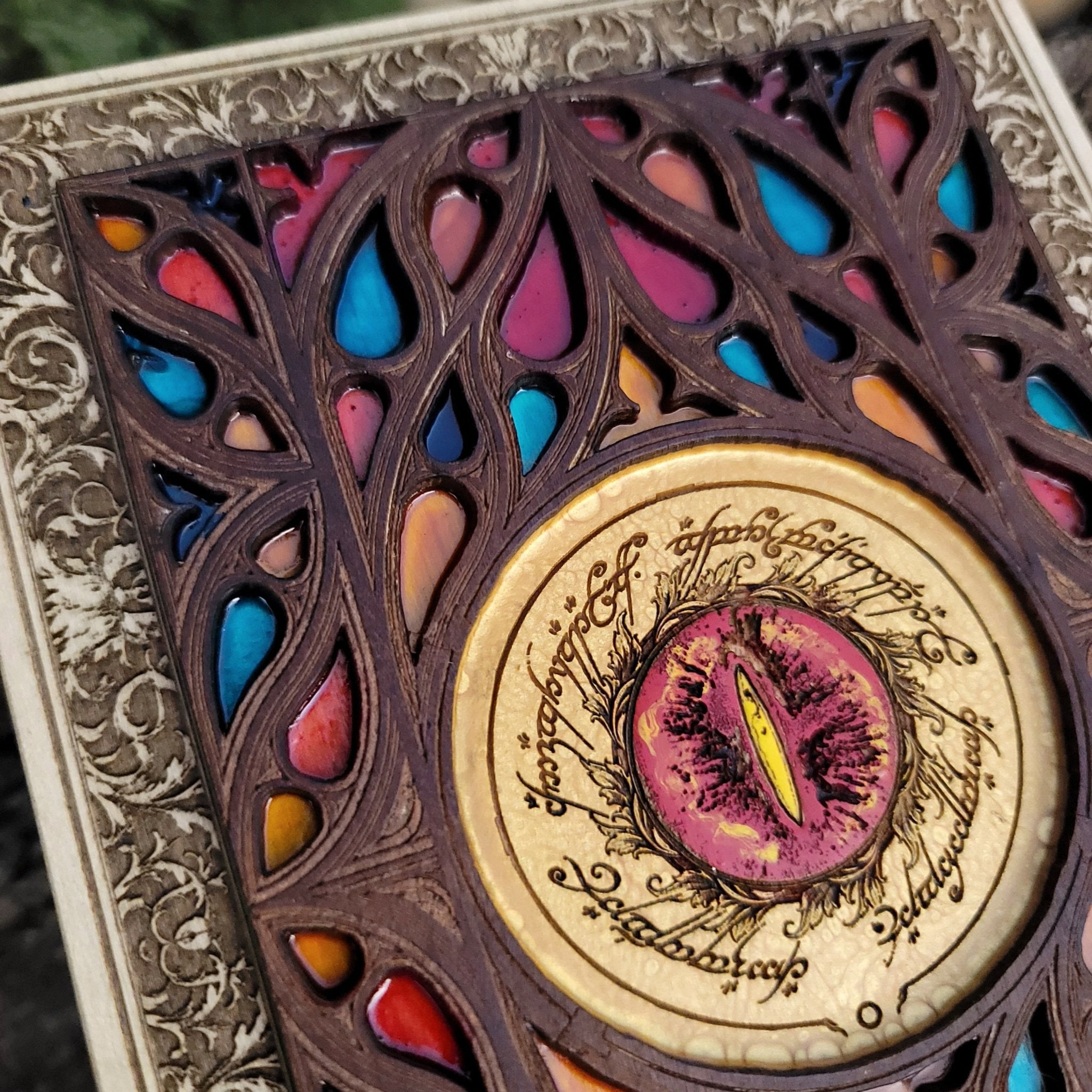 LOTR inspired medieval wall art wood and glass design