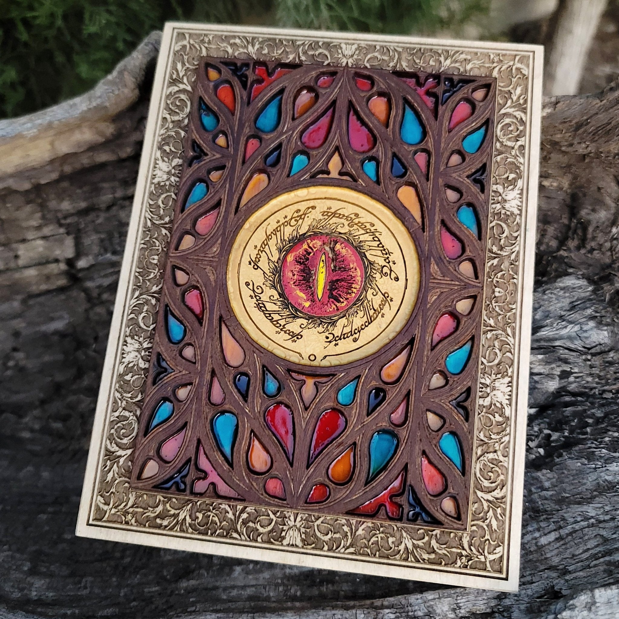 Sauron eye laser-engraved gothic wood and stained glass art