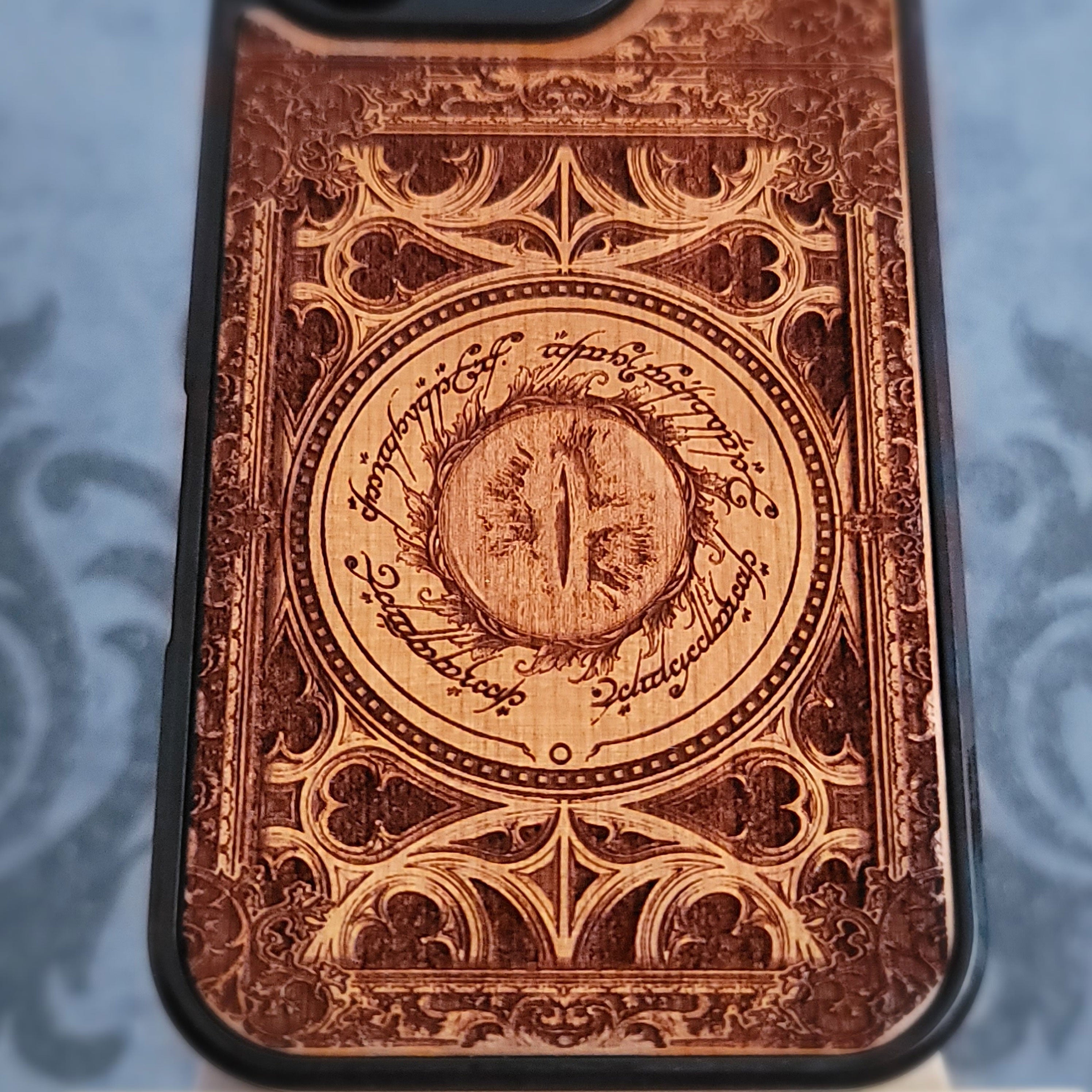 Wooden phone case featuring Sauron’s Eye from The Lord of the Rings, laser-engraved for iPhone , iPhone 15, Samsung Galaxy