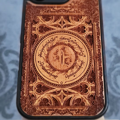 Wooden phone case featuring Sauron’s Eye from The Lord of the Rings, laser-engraved for iPhone , iPhone 15, Samsung Galaxy