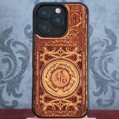 Wooden phone case featuring Sauron’s Eye from The Lord of the Rings, laser-engraved for iPhone , iPhone 15, Samsung Galaxy