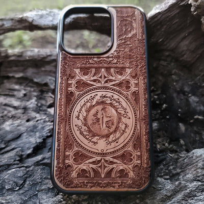 "Wooden phone case with intricate Gothic pattern laser-engraved design for iPhone and Samsung Galaxy. Available for iPhone , 15, 14, 13, 12, 11 Pro Max Mini, Samsung Galaxy S, S24, S23, S22, S21, S20, Ultra, Plus, Note 20.