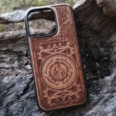 "Wooden phone case with intricate Gothic pattern laser-engraved design for iPhone and Samsung Galaxy. Available for iPhone , 15, 14, 13, 12, 11 Pro Max Mini, Samsung Galaxy S, S24, S23, S22, S21, S20, Ultra, Plus, Note 20.