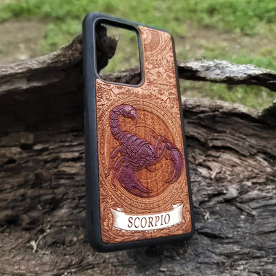 Wooden phone case with Scorpio constellation artwork