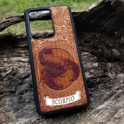 Scorpio star sign engraved on handcrafted wooden phone case