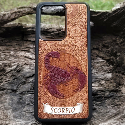 Scorpio zodiac wood phone case with hand-painted astrology design