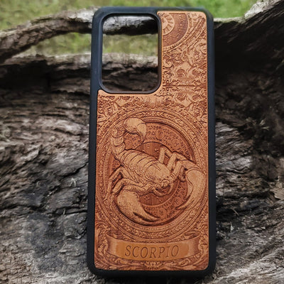 Laser engraved Scorpio zodiac wood phone case with horoscope symbol