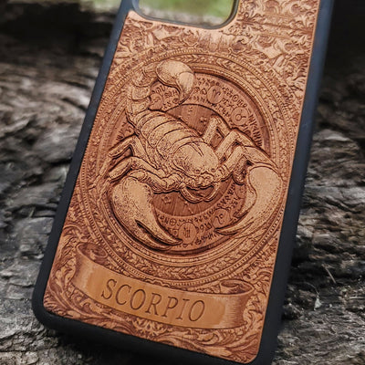 Handcrafted astrology phone case featuring Scorpio star sign design