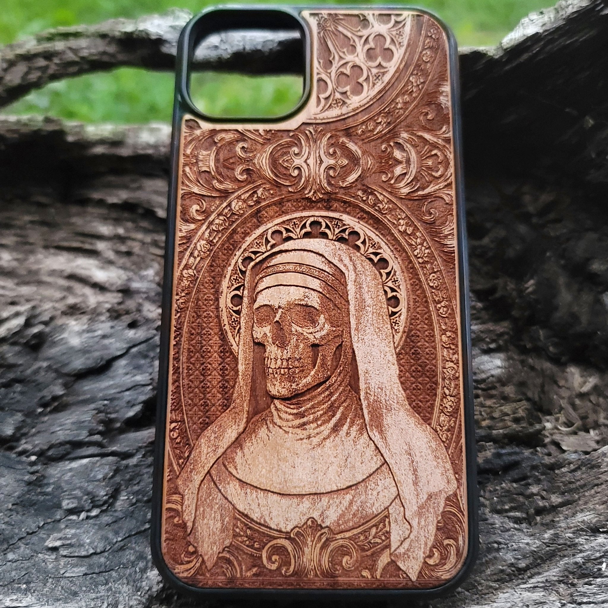 Laser engraved horror nun wood case for Galaxy S24