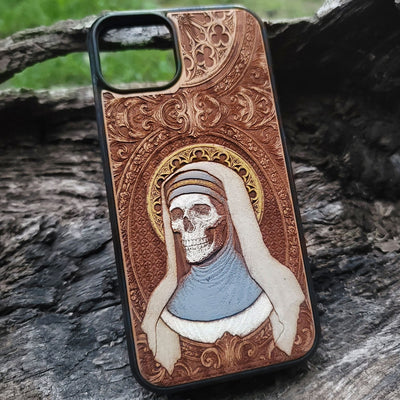 Hand-painted wood phone case horror nun iPhone  Galaxy