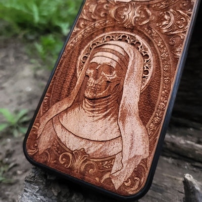Skeleton nun horror art phone case wood engraved