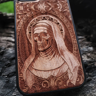 Galaxy S dark nun wood case engraved skeleton artwork
