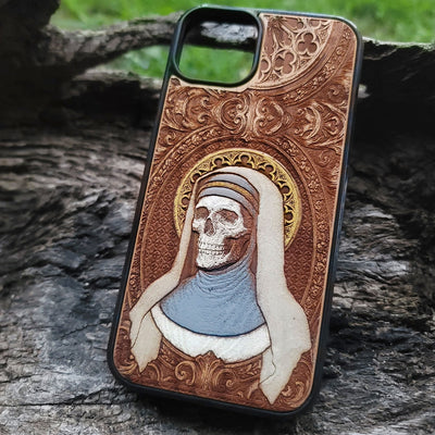 Laser engraved gothic nun in color iPhone Galaxy case